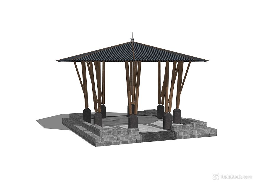Traditional Open Pavilion With Black Roof Wooden Pillars And Stone Base 3d model 