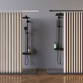 Vertical Stripe Shower Curtain In Modern Bathroom With Black Fixtures And Wooden Flooring