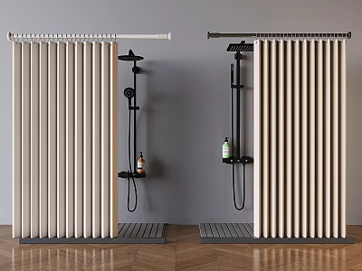 Vertical Stripe Shower Curtain In Modern Bathroom With Black Fixtures And Wooden Flooring 3d model