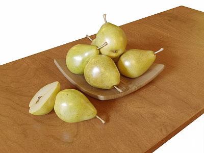 Fresh Ripe Green Pears On Wooden Plate With Sliced Half On Table 3d model