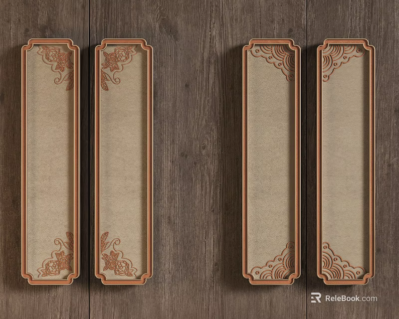 Four Wooden Door Handles With Intricate Chinese Patterns On Dark Wood Grain Background 3d model 