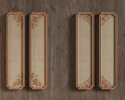 Four Wooden Door Handles With Intricate Chinese Patterns On Dark Wood Grain Background 3d model