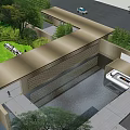 Modern Garden Landscape Design With Wooden Entrance Green Plants Water Feature And Pedestrians