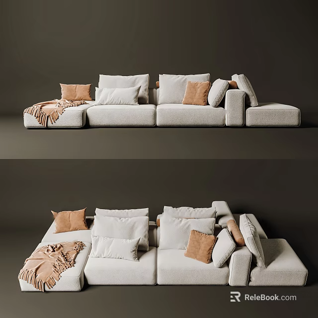 Modern Light Colored Sectional Sofa With Soft Pillows And Cozy Throw Blanket 3d model 