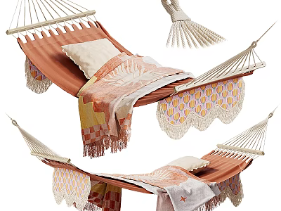 Comfortable Bohemian Hammock With Orange Fabric Lace Trim And Soft Blanket Pillows 3d model