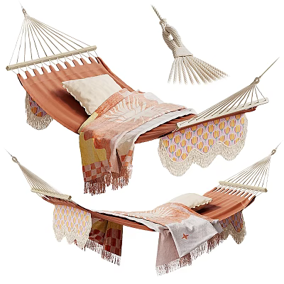 Comfortable Bohemian Hammock With Orange Fabric Lace Trim And Soft Blanket Pillows 3d model