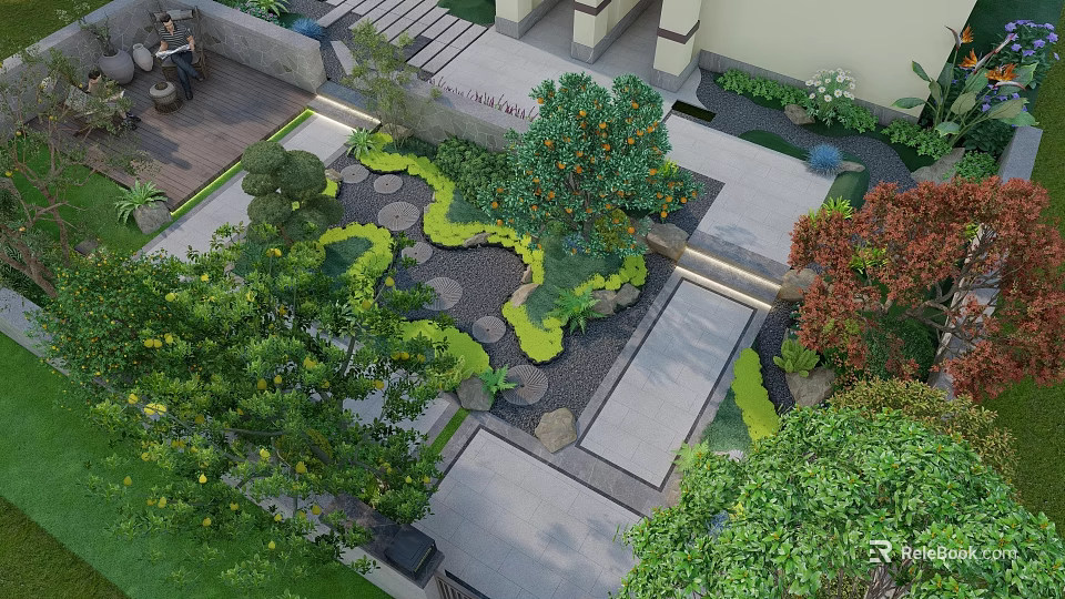 Traditional Japanese Karesansui Dry Landscape Garden With Stones Gravel And Green Plants 3d model 
