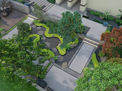 Traditional Japanese Karesansui Dry Landscape Garden With Stones Gravel And Green Plants 3d model