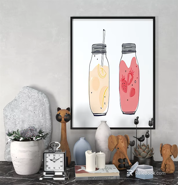 Stylish Room Corner With Decorative Art Print Of Juice Bottles And Ornaments 3d model 