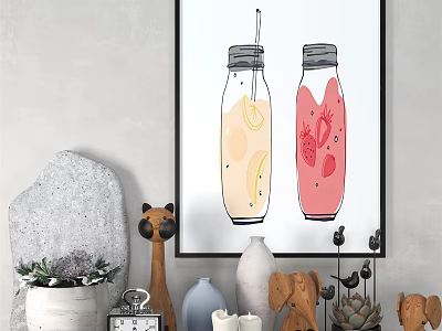 Stylish Room Corner With Decorative Art Print Of Juice Bottles And Ornaments 3d model