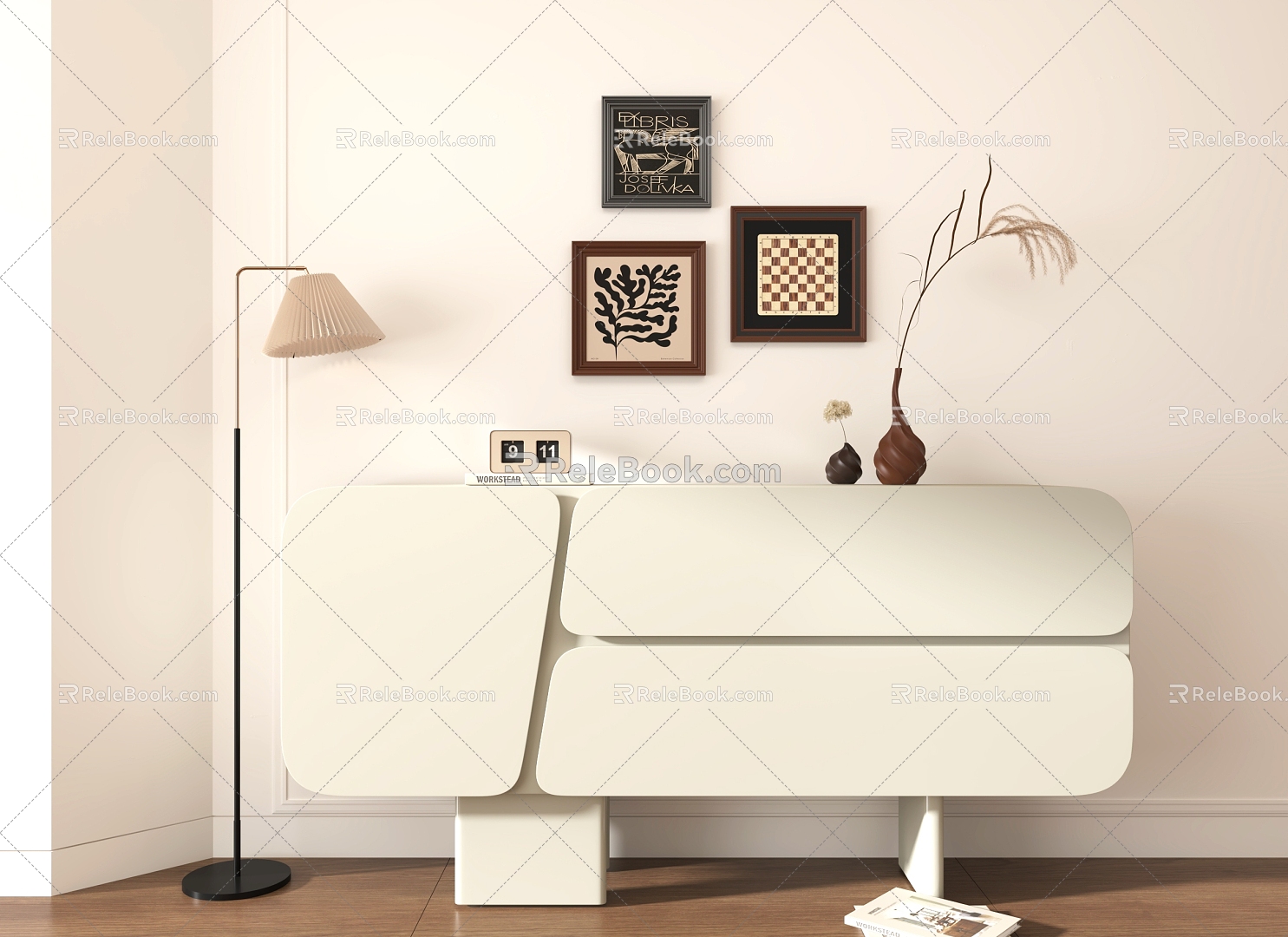 Cream Style Decorative Cabinet Sideboard Entrance Cabinet Decorative Painting Floor Lamp 3d model