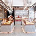 Modern Dessert Shop Interior With Glass Display Cases Stone Countertops And Pendant Lights