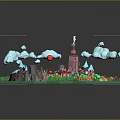 Cartoon 3D Village Scene With Red Roofed Buildings Tower Mountains And Green Trees
