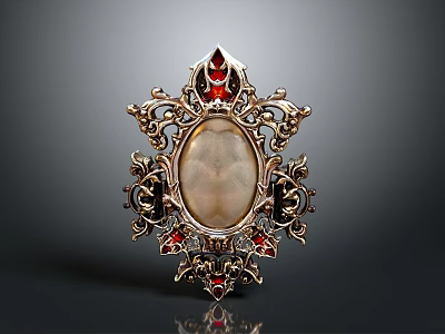 Ornate Daily Living Accessory With Golden Intricate Carvings And Oval Light Colored Gemstone 3d model