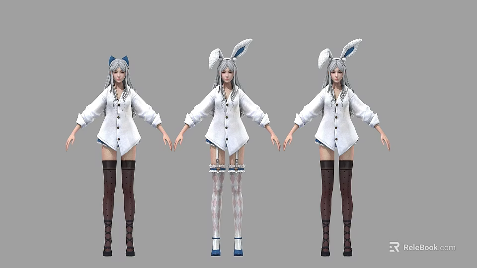 Three Women With Rabbit Ears Wearing White Coats And Different Socks 3D Characters 3d model 