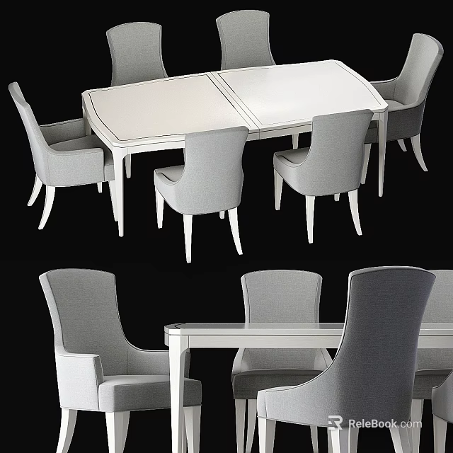 Modern Dining Table and Chair Set with Light Gray Upholstered Chairs and White Rectangular Tabletop 3d model