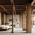 Minimalist Hotel Guest Room With Wooden Ceiling Hanging Painting Beige Bedding And Lattice Partition
