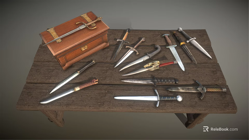 Vintage Leather Case And Multiple Daggers On Rustic Wooden Table 3d model 