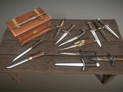 Vintage Leather Case And Multiple Daggers On Rustic Wooden Table 3d model