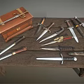 Vintage Leather Case And Multiple Daggers On Rustic Wooden Table 3d model