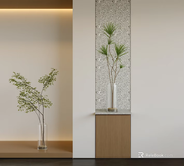Aquatic Plants in Glass Vases on Modern Wooden Shelf with Minimalist Style 3d model 