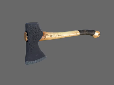 Artisan Crafted Axe With Wooden Handle And Carved Metal Head Design 3d model