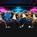 Men Dancing in Dynamic Poses at Dance Studio With Graffiti Wall and Neon Lights