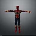 Spider Man Character In Red And Blue Suit With Gold Accents Arms Outstretched On Gray Background