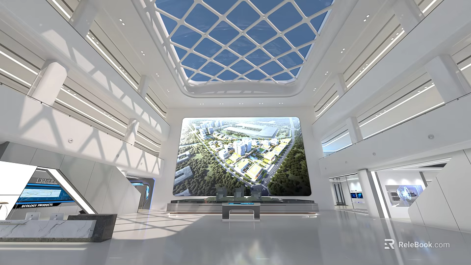Spacious Modern Hall With Large Display Screen Showcasing City Landscape Glass Skylight And Display Counters 3d model 