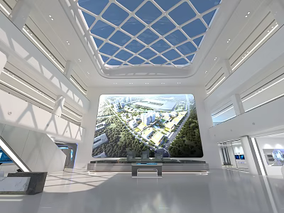 Spacious Modern Hall With Large Display Screen Showcasing City Landscape Glass Skylight And Display Counters 3d model