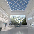Spacious Modern Hall With Large Display Screen Showcasing City Landscape Glass Skylight And Display Counters