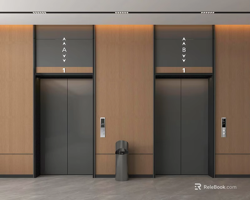 Modern Elevator Lobby With Two Elevators Wooden Walls And Trash Bin 3d model