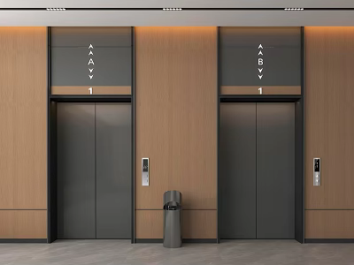 Modern Elevator Lobby With Two Elevators Wooden Walls And Trash Bin 3d model