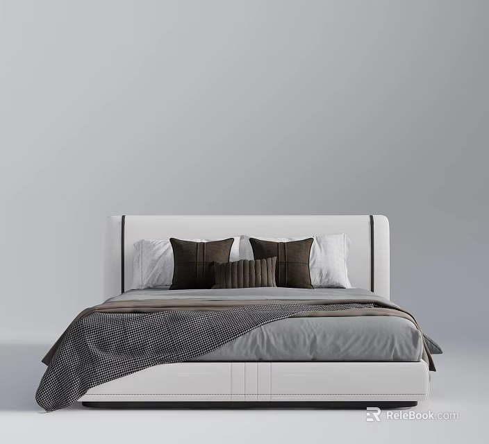 Modern Minimalist Double Bed With White Headboard Brown Pillows And Gray Checkered Blanket 3d model 