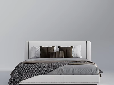 Modern Minimalist Double Bed With White Headboard Brown Pillows And Gray Checkered Blanket 3d model