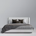 Modern Minimalist Double Bed With White Headboard Brown Pillows And Gray Checkered Blanket