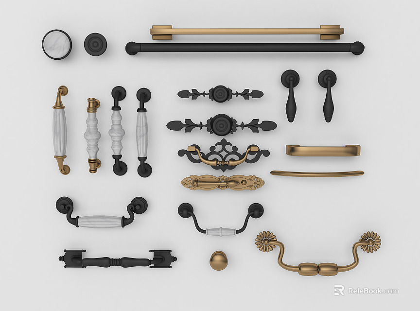 Decorative Cabinet Handles With Various Designs And Metal Finishes For Furniture Doors And Drawers 3d model 