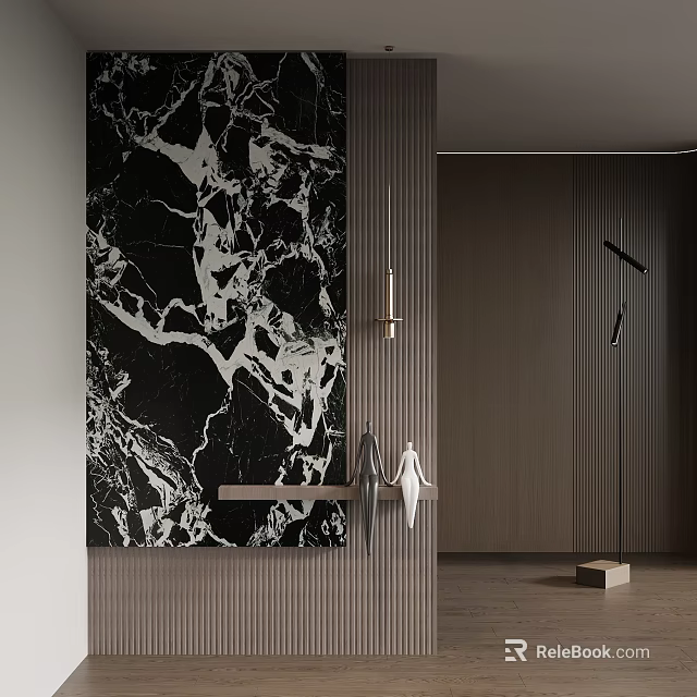Luxury Modern Entryway Hallway With Black Marble Wall Wooden Bench And Pendant Light 3d model 