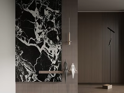 Luxury Modern Entryway Hallway With Black Marble Wall Wooden Bench And Pendant Light 3d model