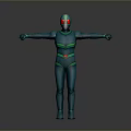 Blue Humanoid Character Wearing Blue Bodysuit With Green Stripes Red Eyes And Outstretched Arms