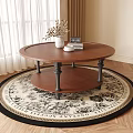 Round Wooden Two Tiered Coffee Table On Floral Rug With Curtains And Vase