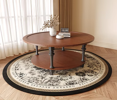 Round Wooden Two Tiered Coffee Table On Floral Rug With Curtains And Vase 3d model