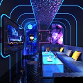 Modern Bar Interior with Red Blue Neon Lights Tables Candles Black Sofas and Floor Reflections
