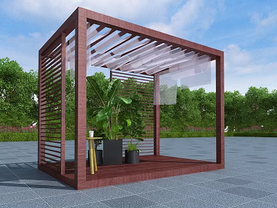 Wooden Pergola With Open Lattice Design Green Plants And Outdoor Wooden Floor 3d model