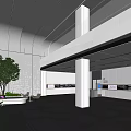 Modern Hotel Lobby With Curved Ceiling White Columns Large Green Plant And Reflective Floor