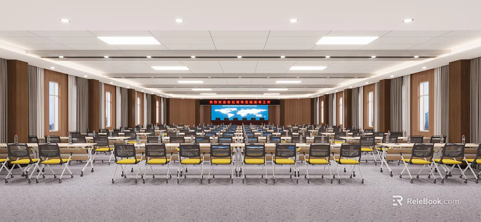 Spacious Conference Room with Arranged Chairs Large Screen Wooden Walls and Ceiling Lighting 3d model 