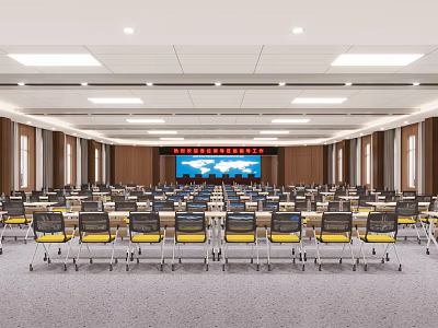 Spacious Conference Room with Arranged Chairs Large Screen Wooden Walls and Ceiling Lighting 3d model
