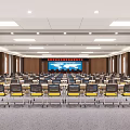 Spacious Conference Room with Arranged Chairs Large Screen Wooden Walls and Ceiling Lighting