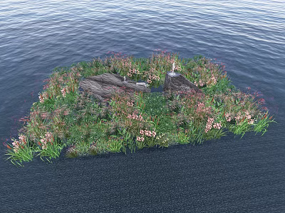 Thriving Aquatic Plants with Green Grasses and Pink Flowers in Water with Stones 3d model