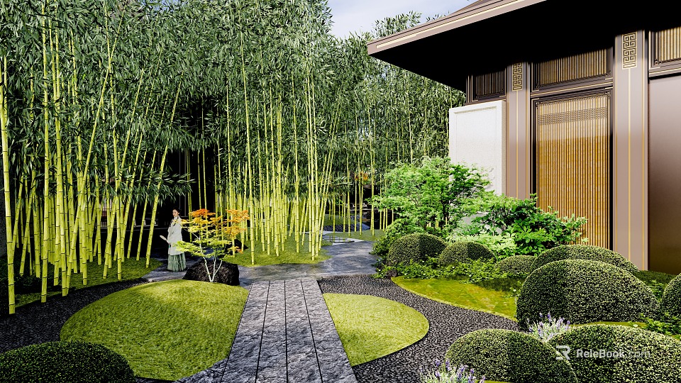 Japanese Style Courtyard Garden With Bamboo Grove Stone Path And Trimmed Hedges 3d model 